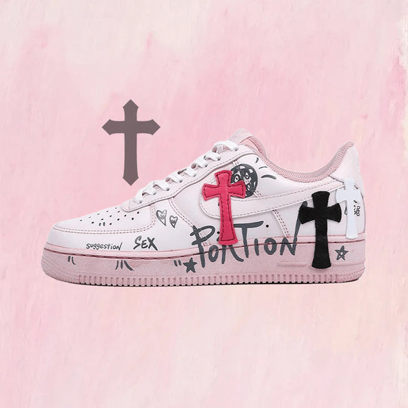 [Custom Men's pink cross]  Air Force 1 Skateboarding Shoes Men Low-top White/powder