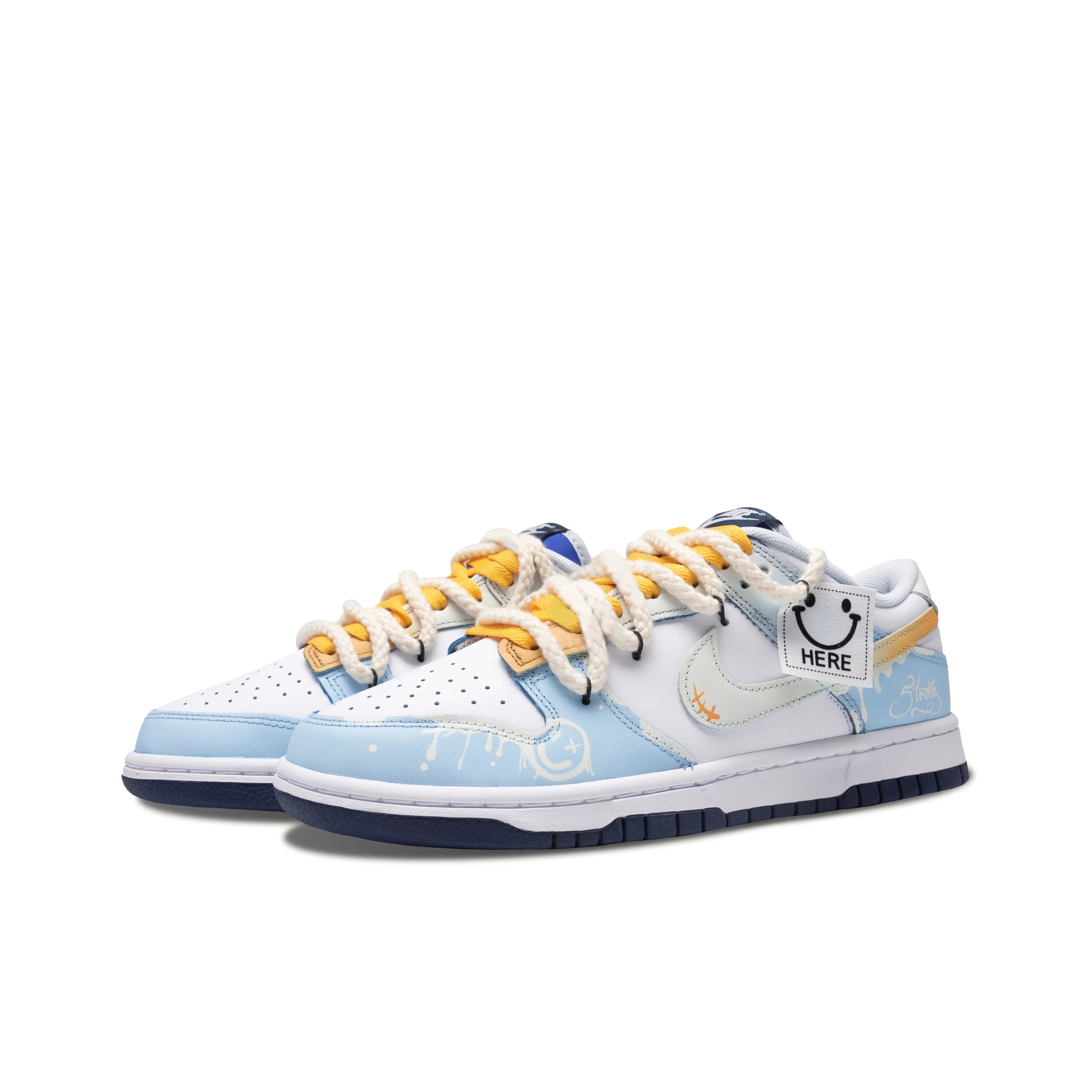 [Custom Ode to Joy] Dunk Skateboarding Shoes Unisex Smiley Graffiti White/Blue