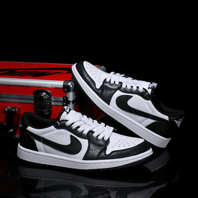 [Custom Black and White - Cowhide Leather Openwork Style] Air Jordan Low - Top Skateboarding Shoes Unisex