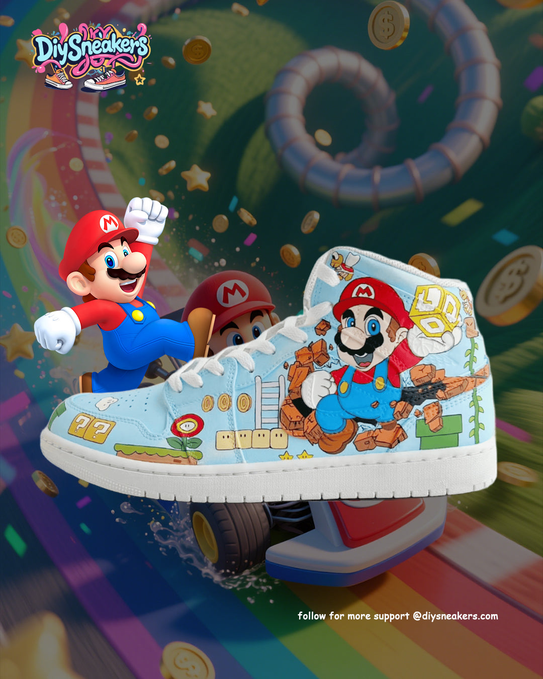 [Custom Mario - Funny Trip] Air Jordan 1 High Top Unisex Skateboarding Shoes